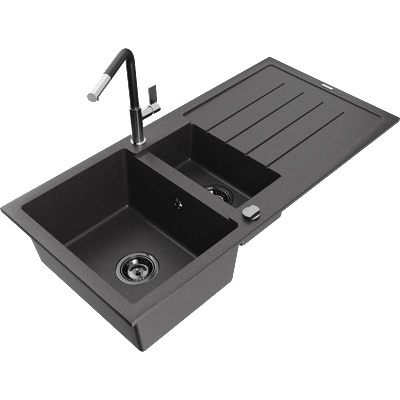Mexen Andres гранитна мивка с 1, 5 камери, с отцедник и кухненски смесител Flora, черен с пръски - 6515-76-670401-07-B (6515-76-670401-07-B)