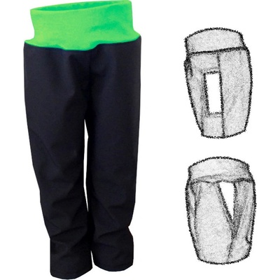 Dětské softshellové kalhoty s kapsami NEZATEPLENÉ černé se zeleným nápletem trojúhelník