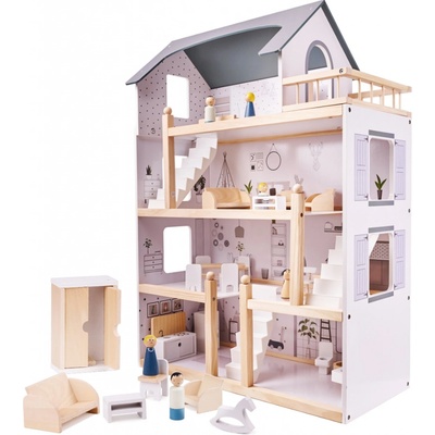 FunPlay 6201 Drevený domček pre bábiky s príslušenstvom 3 poschodia 78x62x27cm