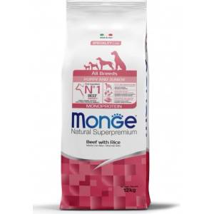 Monge Natural Superpremium All breeds Puppy and Junior Monoprotein Beef with Rice - пълноценна суха храна за подрастващи кученца от всички породи с телешко и ориз - 12 кг, Италия - 1365