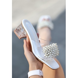 Erbil Shoes Дамски чехли с мъниста - Бели #371997 (371997_Бяло)