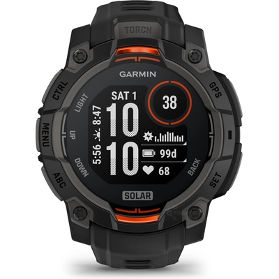 Смарт часовник Garmin Instinct 3 - 45mm Black, дизайн с два прозореца, 1.1" x 1.1" (27.0 cm) MIP дисплей, Bluetooth, ANT+, GPS, 128MB вградена памет, вградено фенерче, компас, 10ATM, до 28 дни време на работа, черен (010-02934-00)