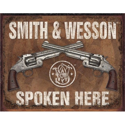 Desperate Enterprises, Inc S&W Spoken Here - plechová retro cedule 40x32 cm 1849