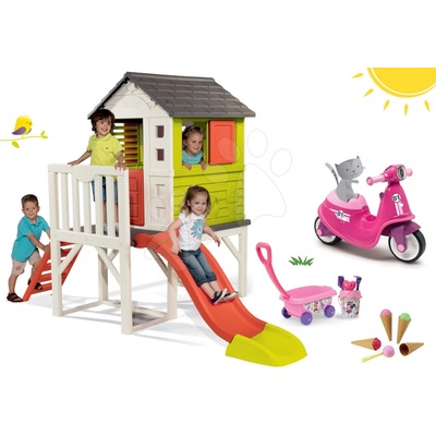 Smoby domček na pilieroch Pilings House s 1,5 m šmykľavkou+odrážado s gumenými kolesami a vozík s vedrom a zmrzlinou SM810800-24