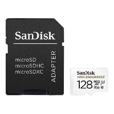 Карта памет 128GB microSDHC с адаптер, SanDisk High Endurance, Class 10 UHS-I U3, скорост на четене 100 MB/s, скорост на запис 40 MB/s (SDSQQNR-128G-GN6IA)