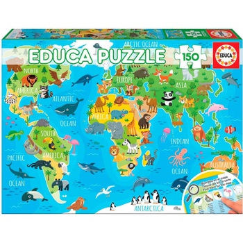 Educa Пъзел Educa от 150 части - Световна карта с животни (EDU18115)