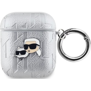 Karl Lagerfeld PU ембоснат калъф Karl and Choupette Heads за AirPods 1/2 Сребърен (KLA2PGKCPS)