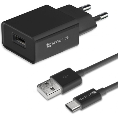 Захранване за ел. мрежа 2.4A с USB изход и USB-C кабел - 4smarts Basic Wall Charger Set 2.4A 12W (черен) (4S465557)