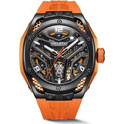 Gelatu Мъжки часовник GELATU Luxury Sport, Автоматичен, Силиконова каишка, Оранжев (GELATU-6008-ORANGE)