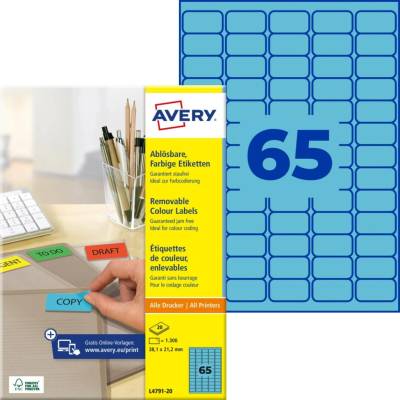 Avery Zweckform L4791-20 Barevné snímatelné etikety 38,1x21,2 mm 1300 ks modré
