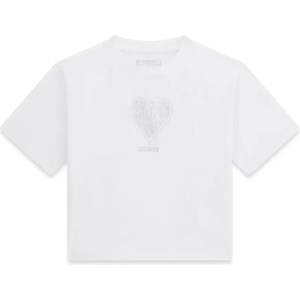 GUESS Къса бяла тениска за момиче със сърце от кристали Guess