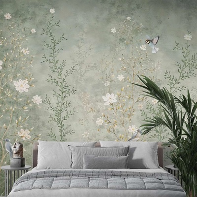Art Gift Decor Фототапет с нежни цветя и птици в зелени тонове