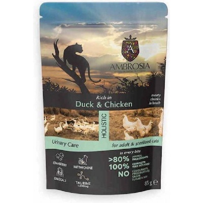 AMBROSIA Pouch Cat Adult Sterilized Duck Chicken Urinary Care - пауч, пълноценна, балансирана мокра храна, идеална за пораснали и кастрирани котки - 85 гр, Франция