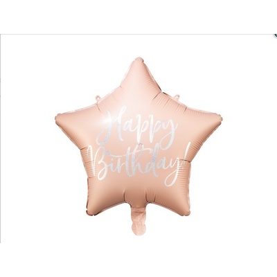 PartyDeco Fóliový balón hviezda Happy Birthday púdrovo ružový 40 cm