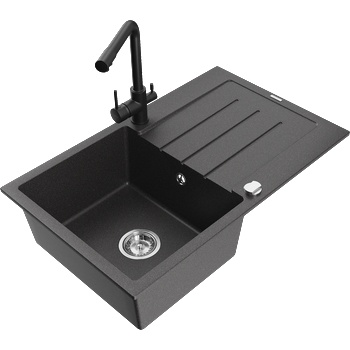Mexen Bruno гранитна кухненска мивка с 1 корито с улук и кухненски смесител Duero, черно с пръски - 6513-76-671600-70 (6513-76-671600-70)