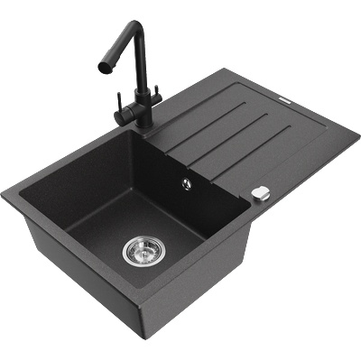 Mexen Bruno гранитна кухненска мивка с 1 корито с улук и кухненски смесител Duero, черно с пръски - 6513-76-671600-70 (6513-76-671600-70)