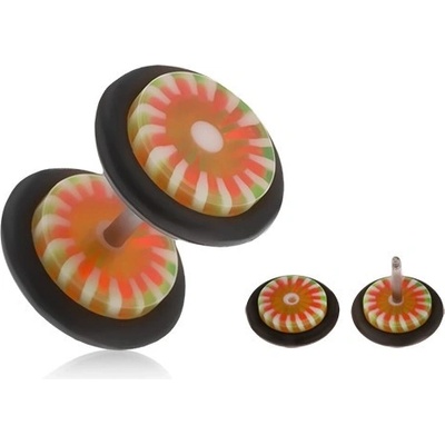 Šperky eshop falešný akrylový plug do ucha oranžovo-zelený květ bílé paprsky PC01.09