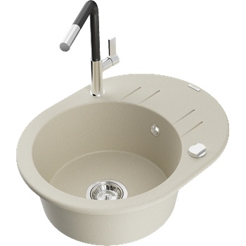 Mexen Kevin гранитна кухненска мивка с 1 камера с отцедник и кухненски кран Flora, бежов - 6517-69-670401-07 (6517-69-670401-07)