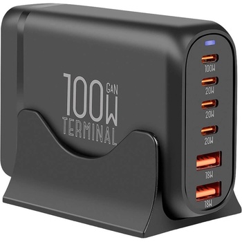 OBAL:ME Захранване за ел. мрежа за лаптопи, смартфони и таблети с 2xUSB-A и 4xUSB-C изходи с технология за бързо зареждане - OBALME Terminal GaN Fast Desktop Charger 100W (черен) (OM100W4C2A)