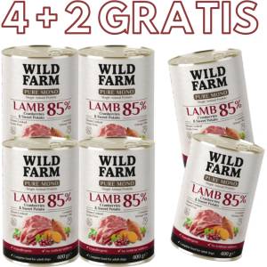 WILD FARM PURE MONO Агнешко с червени боровинки и сладки картофи 6x400 г - монопротеинова храна за кучета