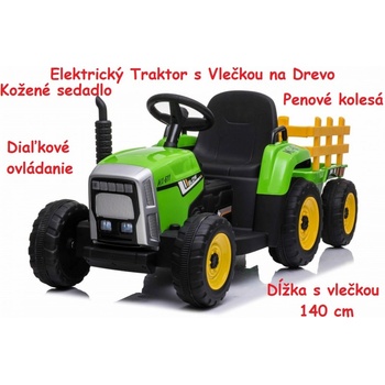 Joko Elektrický traktor s vlečkou na drevo BLOW s diaľkovým ovládaním penové kolesá kožené sedadlo Led svetlá USB MP3 zelená