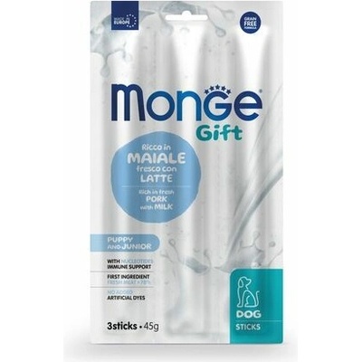 MONGE GIFT Sticks Puppy and Junior /3ks tyčinky pre šteňatá s bravčovým mäsom a mliekom 45 g