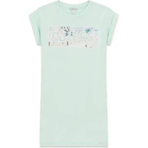 Guess Бледо зелена рокля къс ръкав за момиче с цветна щампа и надпис Guess с камъчета