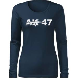 DRAGOWA Slim дамска тениска с дълъг ръкав, AK47, тъмносиня 160g/m2 (6004)