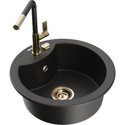 Mexen Diego гранитна мивка с 1 отделение и кухненски смесител Flora, черен/златен металик - 6512-75-670401-57-G (6512-75-670401-57-G)