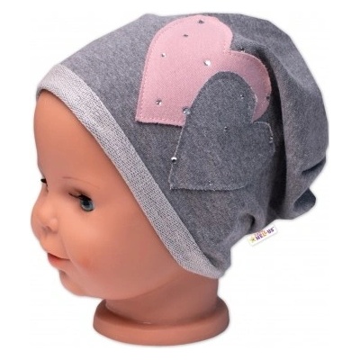 Baby Nellys Dětská čepice bavlna Srdíčka s kamínky šedá