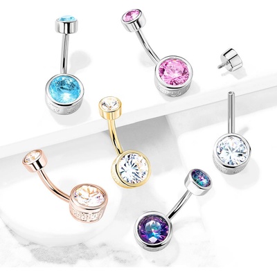 Šperky eshop ocelový piercing do bříška s vnitřním závitem kulatý zirkon v ozdobné objímce T12.05 strieborná vitrail medium