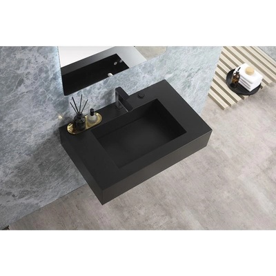 Inter Ceramic Мивка за баня " PIETRA" ICL 12049/80 MATT BLACK, стенен монтаж, кварц, черен мат, 80x47x18см (12049/80 MATT BLACK)