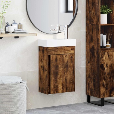 vidaXL Мивка за баня със смесител Опушен дъб 40, 5 x 22, 5 x 62 см (889525)