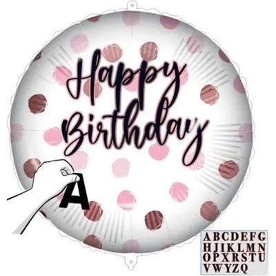 Procos Balónek fóliový Happy Birthday Puntíky růžové se samolepkami 46 cm
