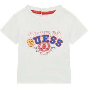 GUESS Бяла тениска за бебе момче с надпис Guess в червено, синьо и жълто