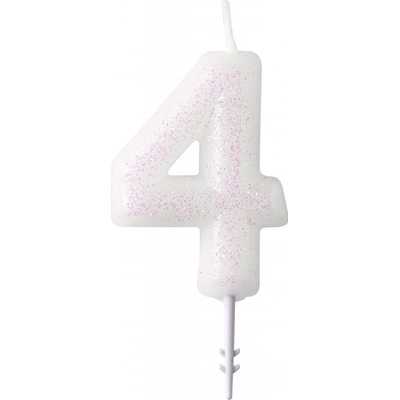 Narozeninová svíčka bílá se třpytkami "číslo 4", 4,5 cm