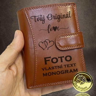 Úžasná kůže dokonalá práce navíc vlastní text obrázek. Pánská hnědá kožená peněženka Ricardo Leather RFID se zapínáním a personalizací foto vč. monogram u textu