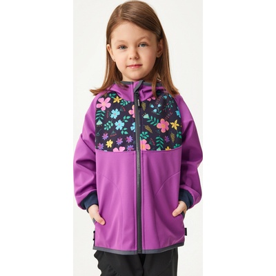 UNUO Dětská softshellová bunda bez zateplení Basic Ostružinová Kytičky
