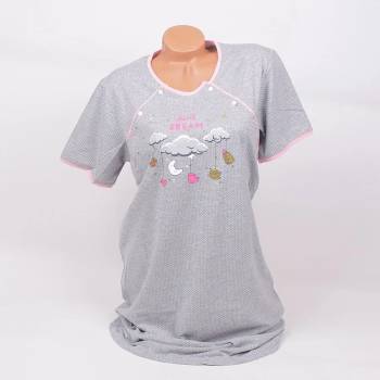 Image 1 of Светлосива нощница за кърмачки с апликация и малки точици