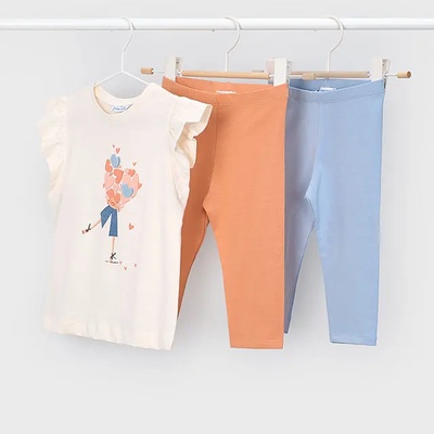 Mayoral Комплект 2 клина 7/8 в Небесносиньо и оранжево и бяла тениска за мини момиче Mayoral