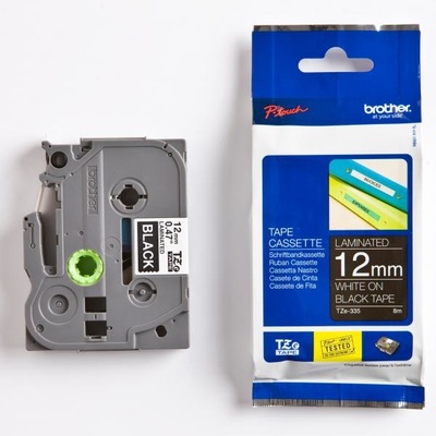 Páska do štítkovače Brother TZE-335, 12mm, bílý tisk/černý podklad, originál