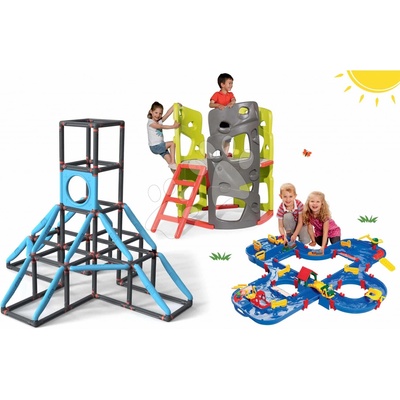 Smoby set prolézačka Multi-Activity Tower na šplhání se skluzavkou a pískoviště Vario s plachtou a vodní dráha AquaPlay 840201-15 – Zboží Dáma