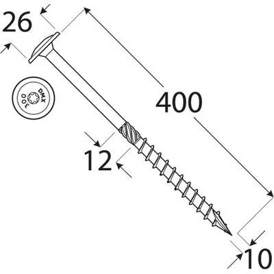 DOMAX CT tesařský konstrukční vrut s talířovou hlavou zinek žlutý DMX ø (mm): 10, délka vrutu: 400, TORX: T40