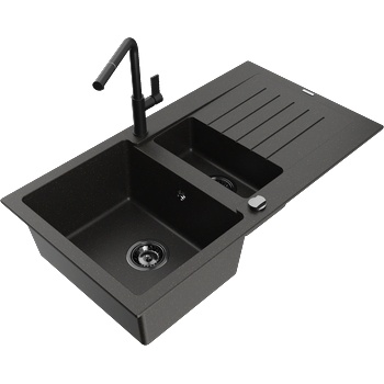 Mexen Matias гранитна мивка 1, 5-коморова с отцедник и кухненски смесител Flora, черно/златно - 6502-75-670401-70-B (6502-75-670401-70-B)