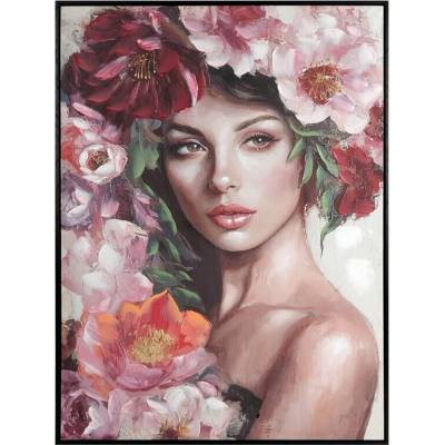 Ručne maľovaný obraz na plátne s motívom ženy s kvetmi III, 70x100cm, krémový