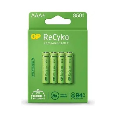 GP Batteries Акумулаторна Батерия GP R03 AAA 850mAh NiMH 85AAAHCE-EB4 RECYKO, 4 бр. в опаковка (GP-BR-85AAAHCE-EB4)
