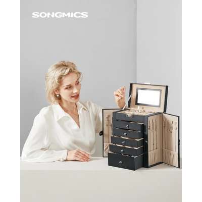 Songmics šperkovnice se zrcátkem 5 zásuvek černá