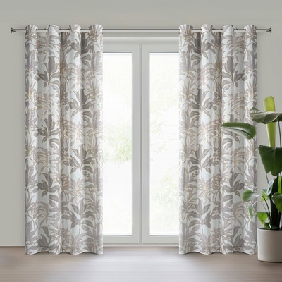 Takoy Závěs bílo-béžový z poloprůhledné látky zdobený lesklým potiskem 135x250 cm, zlatá průchodka - ANELI-HF-478507 | 135 x 250 cm