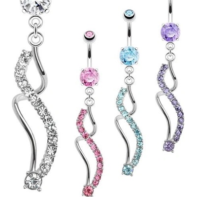 Šperky eshop piercing do bříška z oceli stříbrné barvy asymetricky zvlněné linie SP64.29 aqua modrá Q