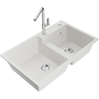 Mexen Tomas гранитна мивка с 2 камери и кухненски смесител Flora, бял - 6516-20-670401-00 (6516-20-670401-00)